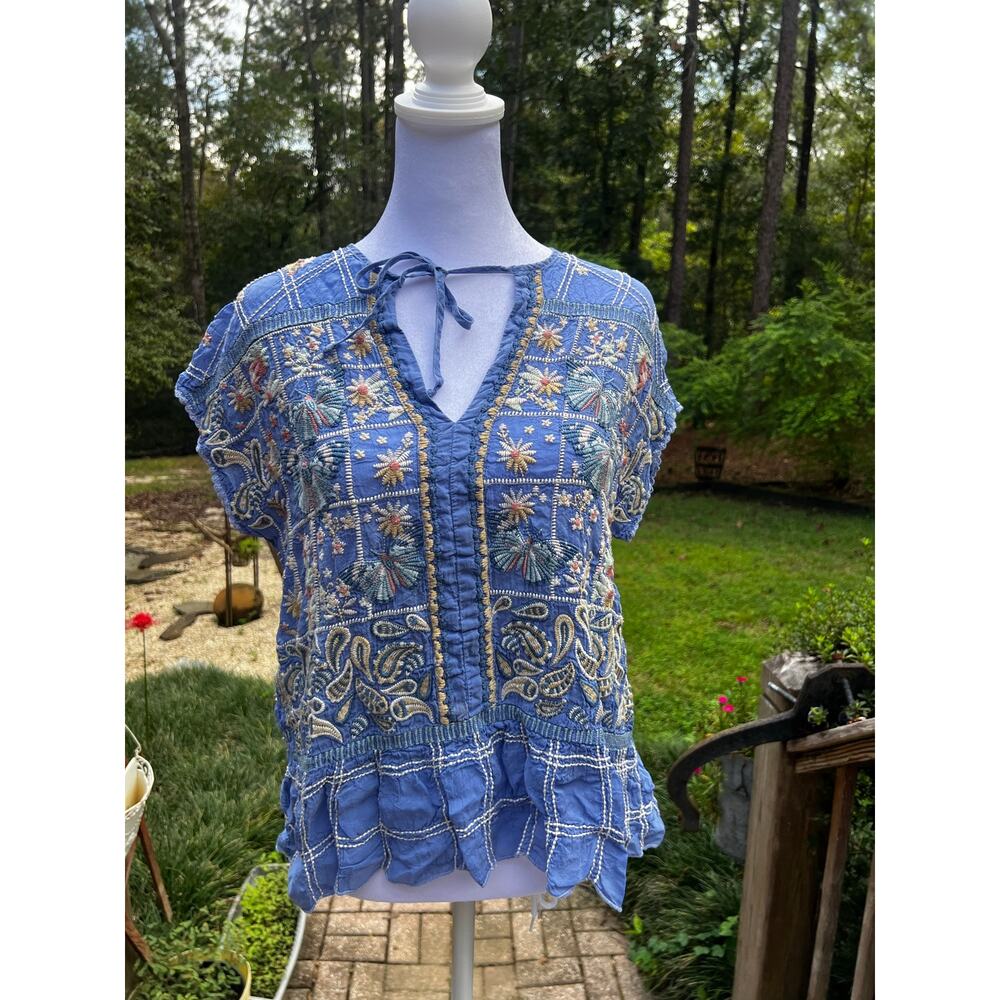 Johnny Was M Blue Embroidered Cupra Rayon Ruffle Hem Boho Blouse Tie Neck - Picture 6 of 8